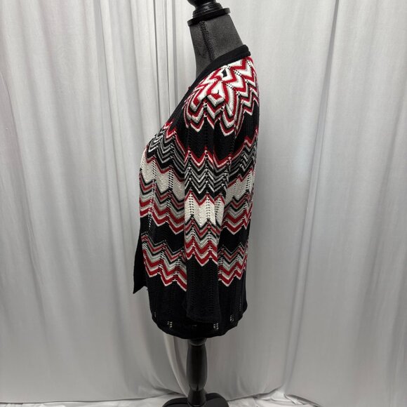 Two-One-Two Open Front Cardigan Womens Size Large Red Black Lightweight Sweater - Picture 3 of 7